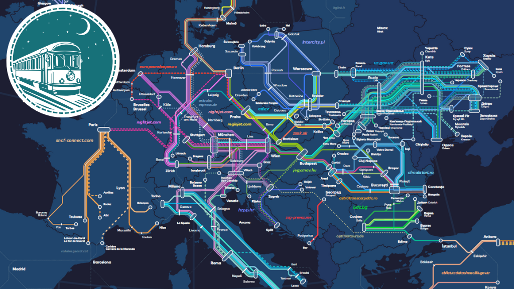 Zu sehen ist die gemeinsame Nachtzugkarte vom Ökologischen Verkehrsclub VCD und Back in Track e.V. Sie zeigt die verschiedenen Nachtzugverbindungen verschiedenster Anbieter durch Europa, sowie Westasien und ähnelt optisch einem S- oder U-Bahn-Fahrplan mit verschiedenen Linien.