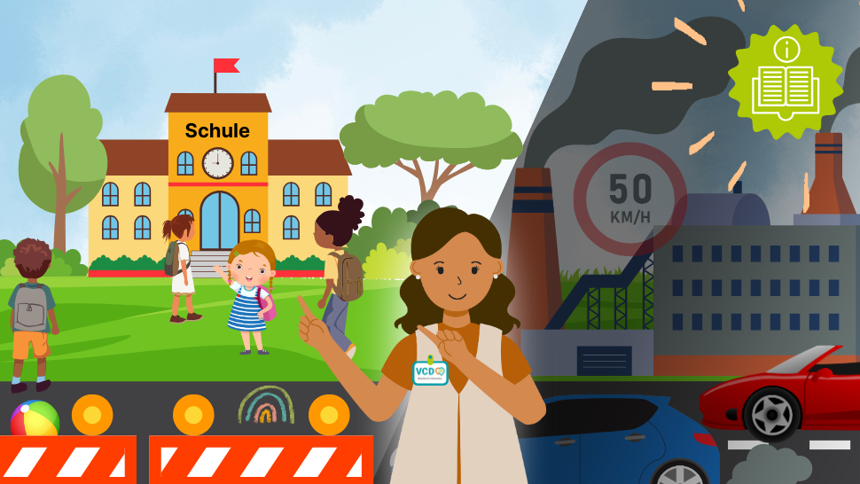 Illustration mit geteilter Bildfläche: Links eine freundliche, grüne Szene vor einer Schule mit mehreren fröhlichen Kindern, die zu Fuß unterwegs sind. Im Vordergrund stehen bunte Absperrelemente mit leuchtenden Warnlampen und Kindermotiven, die den Straßenraum abgrenzen. Rechts eine dunklere Stadtszene mit viel Verkehr, grauen Gebäuden, rauchenden Schornsteinen und Autos – ein Schild zeigt „50 km/h“. Zwischen den beiden Szenen steht eine Frau mit braunen Haaren in einer VCD-Weste. Sie lächelt und zeigt mit der Hand auf die hellere, kinderfreundliche Seite des Bildes. Oben rechts ist ein Symbol mit einem Buch und einem Info-Zeichen abgebildet, das auf weiterführende Informationen hinweist.